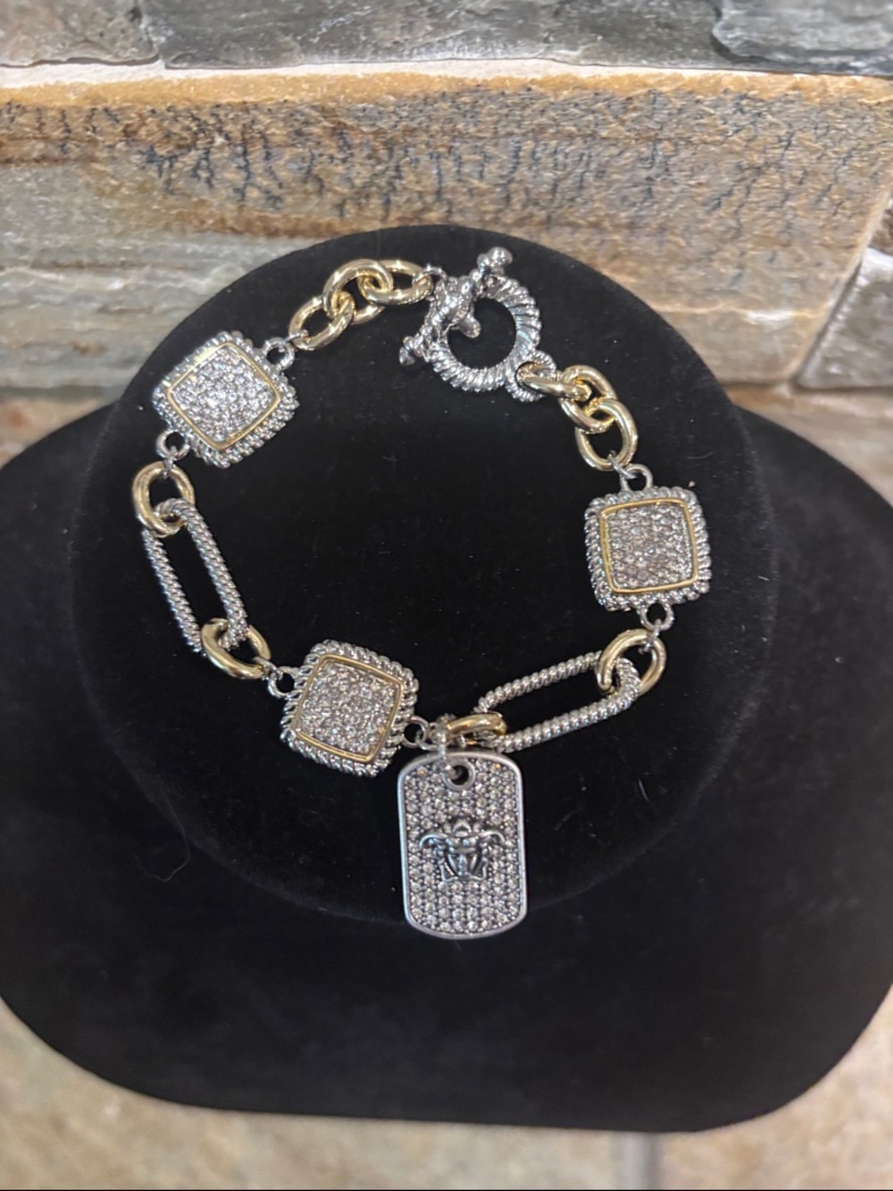 Two-Tone Pavé Square Link Bracelet with Versace medusa Pendant